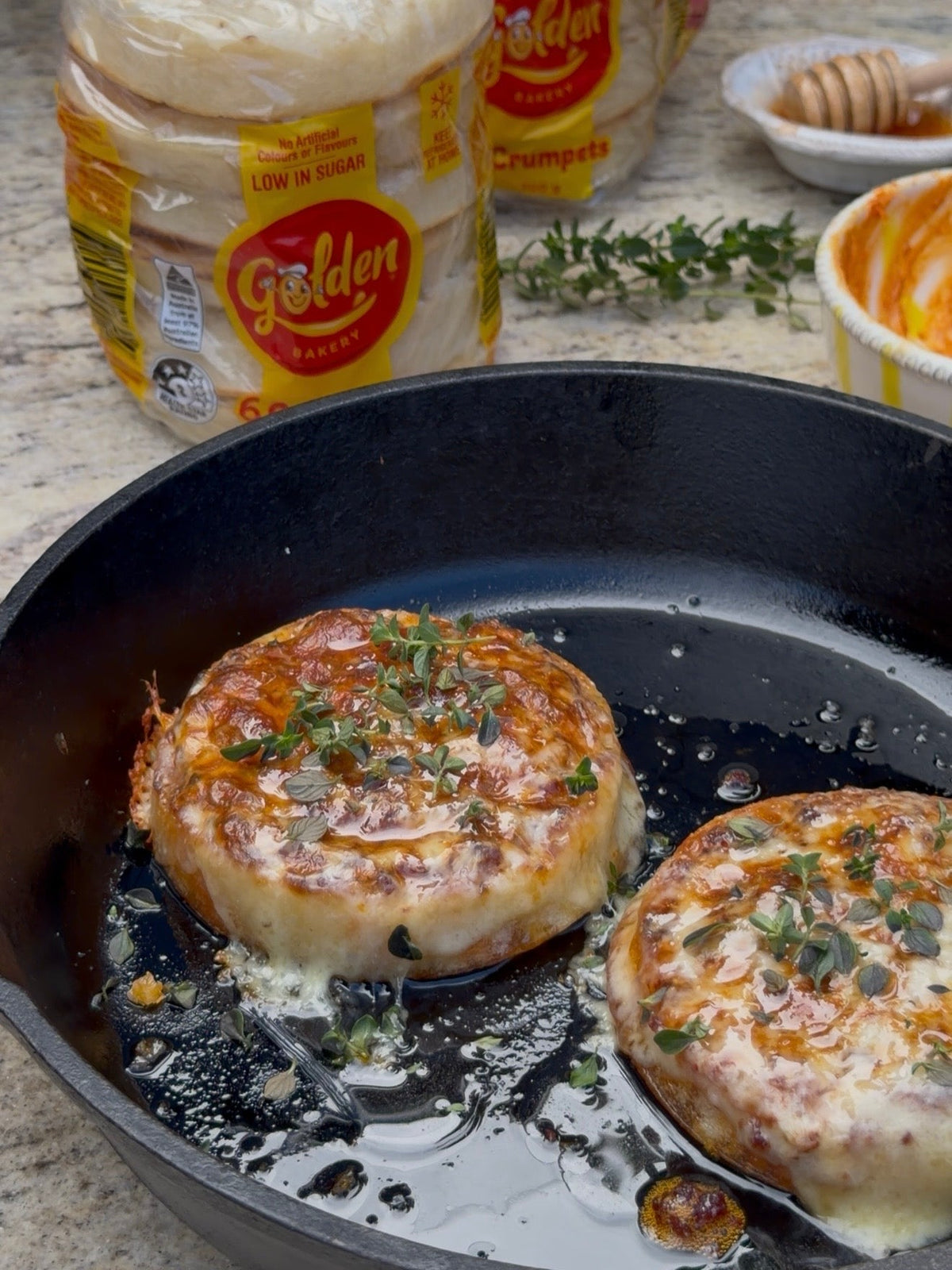 Cheesy 'Nduja Crumpets with Hot Honey & Thyme
